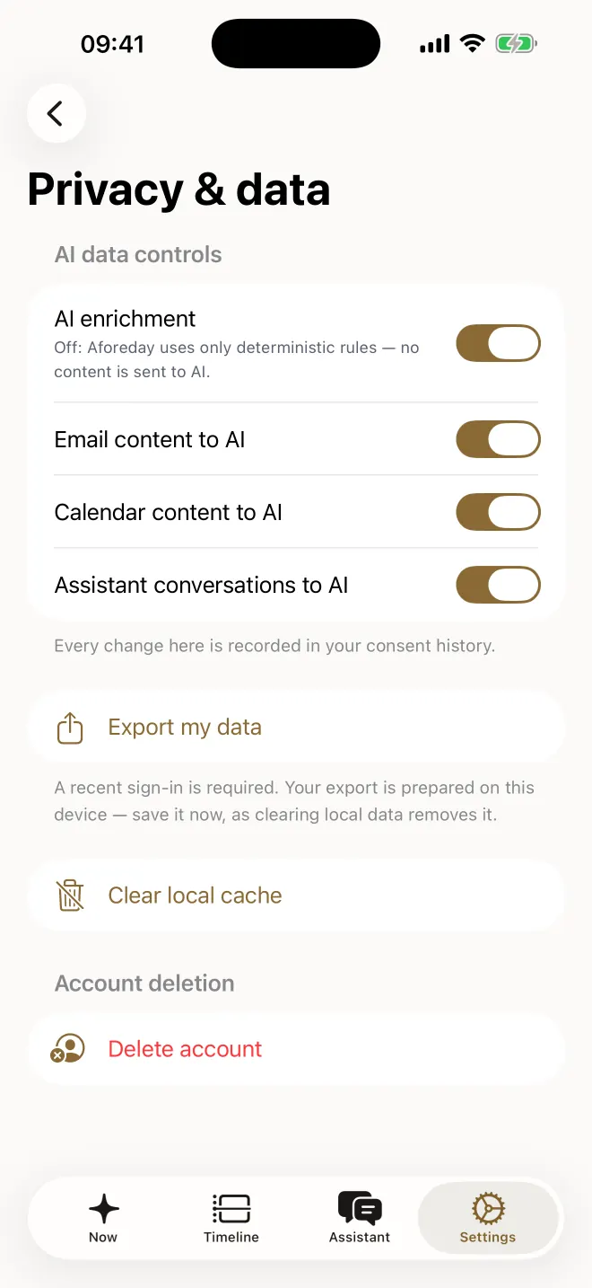 The Privacy & data screen in Settings: AI data controls with switches per source, Export my data, Clear local cache, and Delete account.